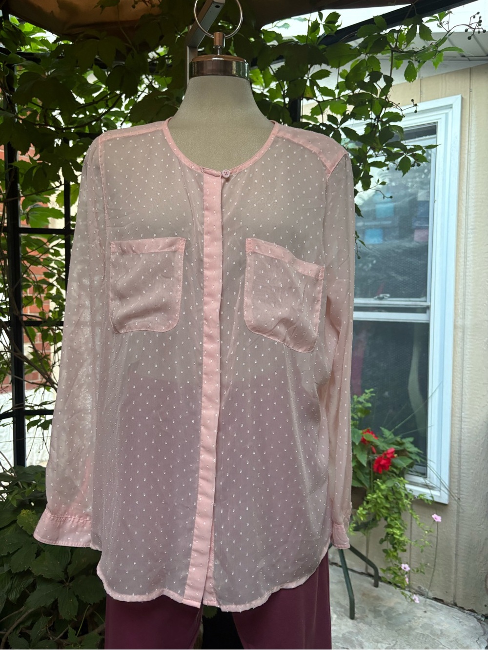 George Sheer Light Pink Dot Blouse with Patch Pockets